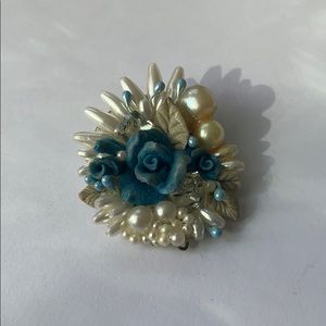 Vintage Handmade Rose, Pearl & Crystal Pin